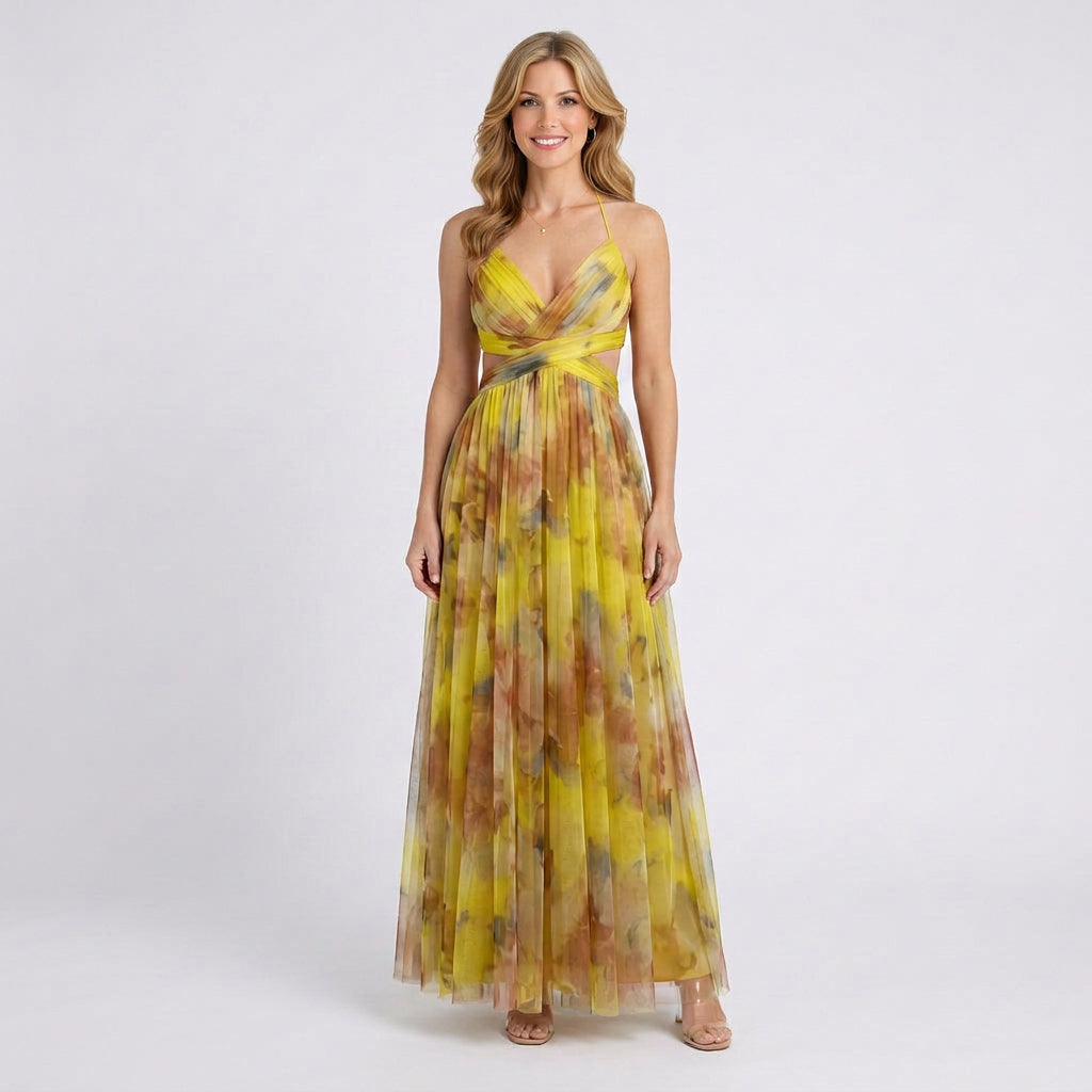 Floral Maxi Dress Women’s Strappy Pleated Occasion Dress