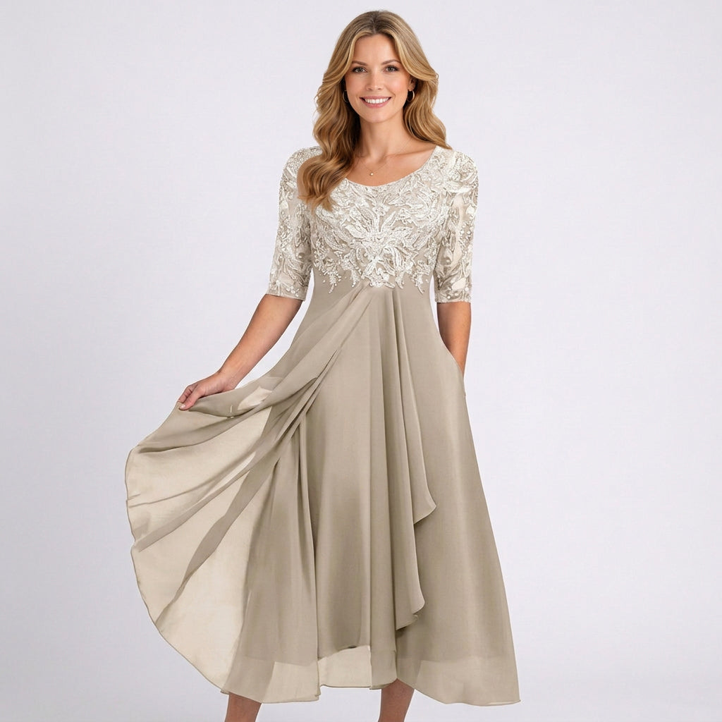 Lace Bodice Midi Dress – Sheer Sleeve Occasion Style