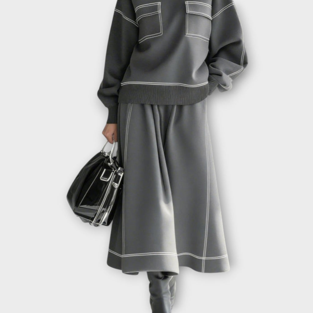 Women's Contrast Stitch Knit Jumper and Midi Skirt Set