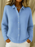 Women's waffle knit collared cardigan with button front and long sleeves