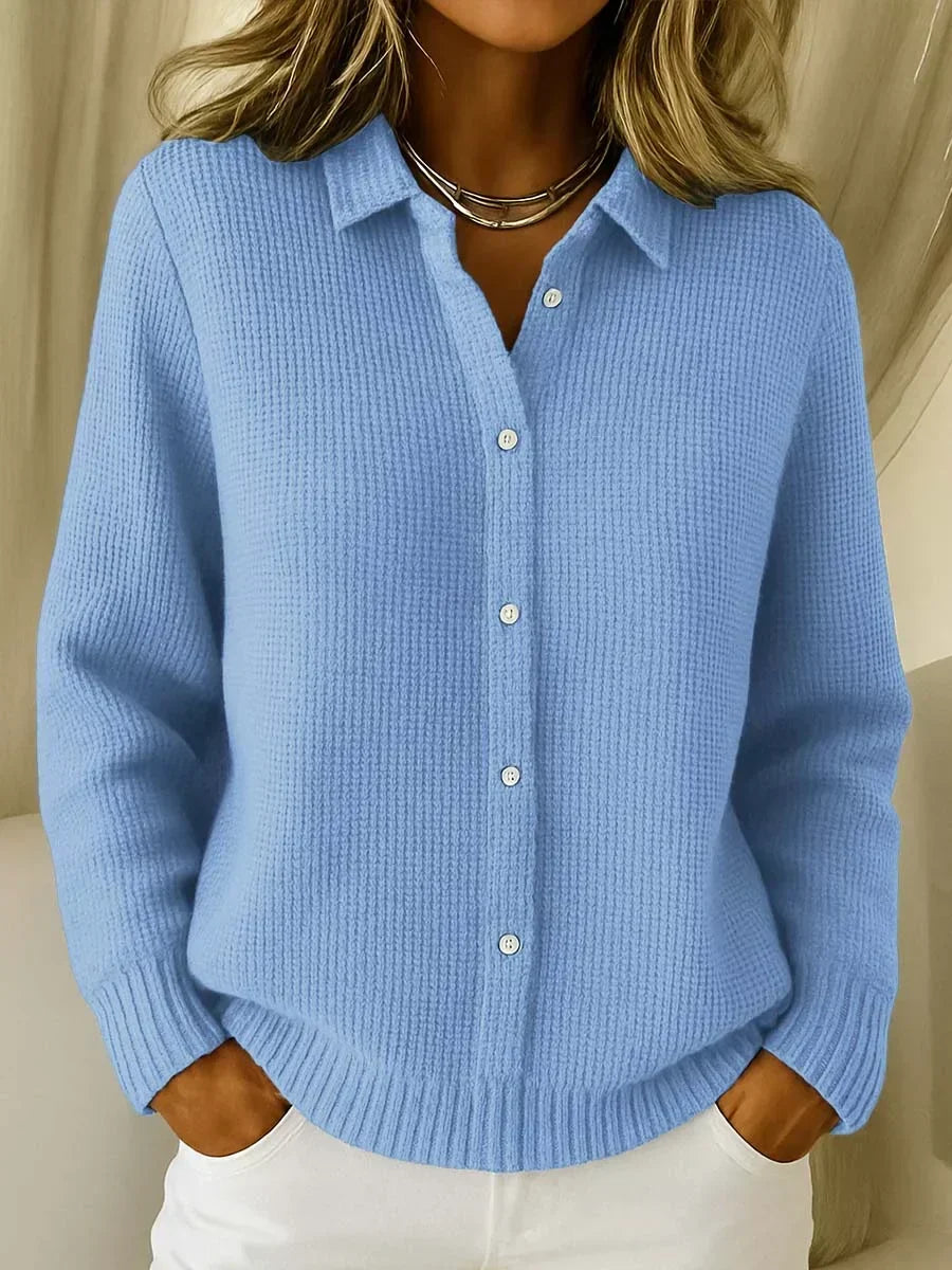 Women's waffle knit collared cardigan with button front and long sleeves