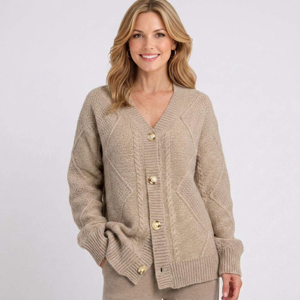 Cable Knit Cardigan – V-Neck Button Front Style