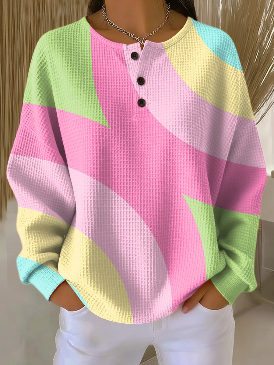 Top femme oversize à blocs de couleurs, en maille gaufrée, avec patte de boutonnage Henley