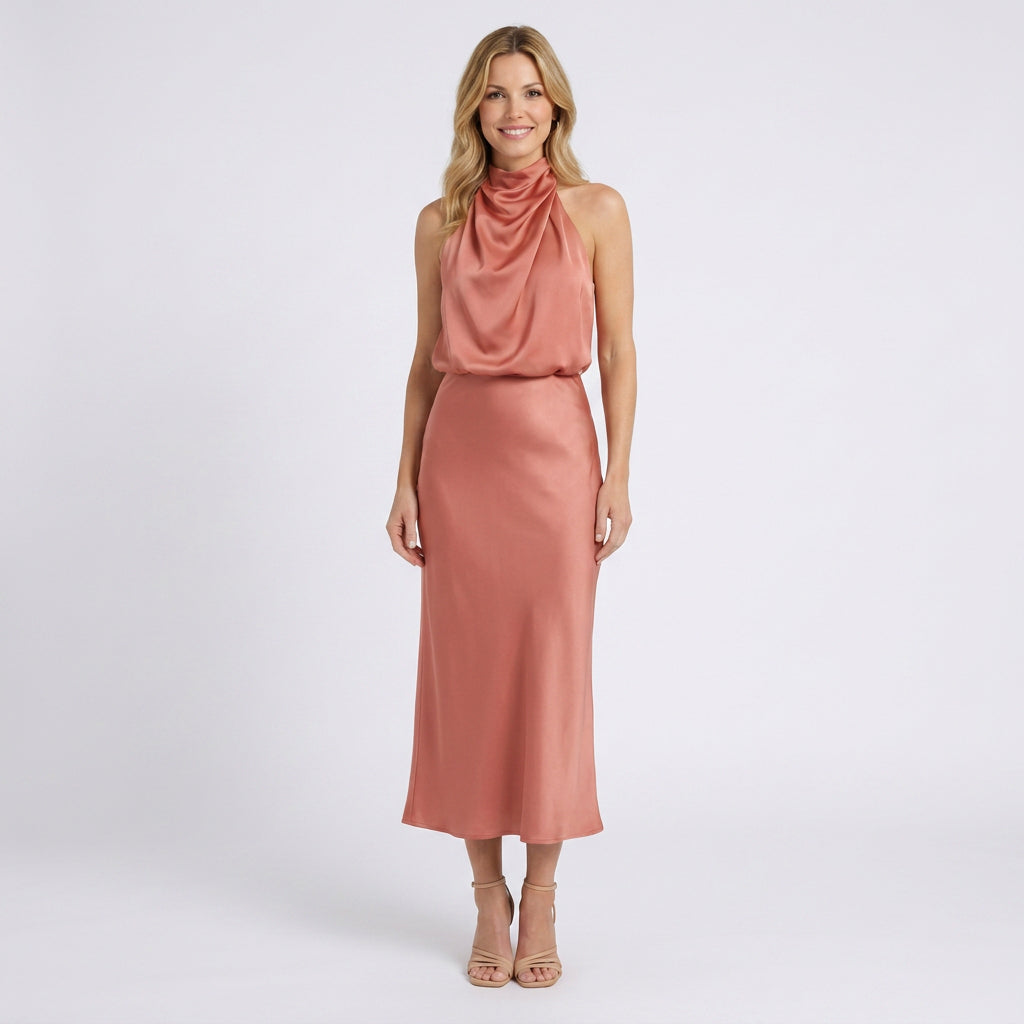 Halter Neck Midi Dress – Draped Satin Occasion Style