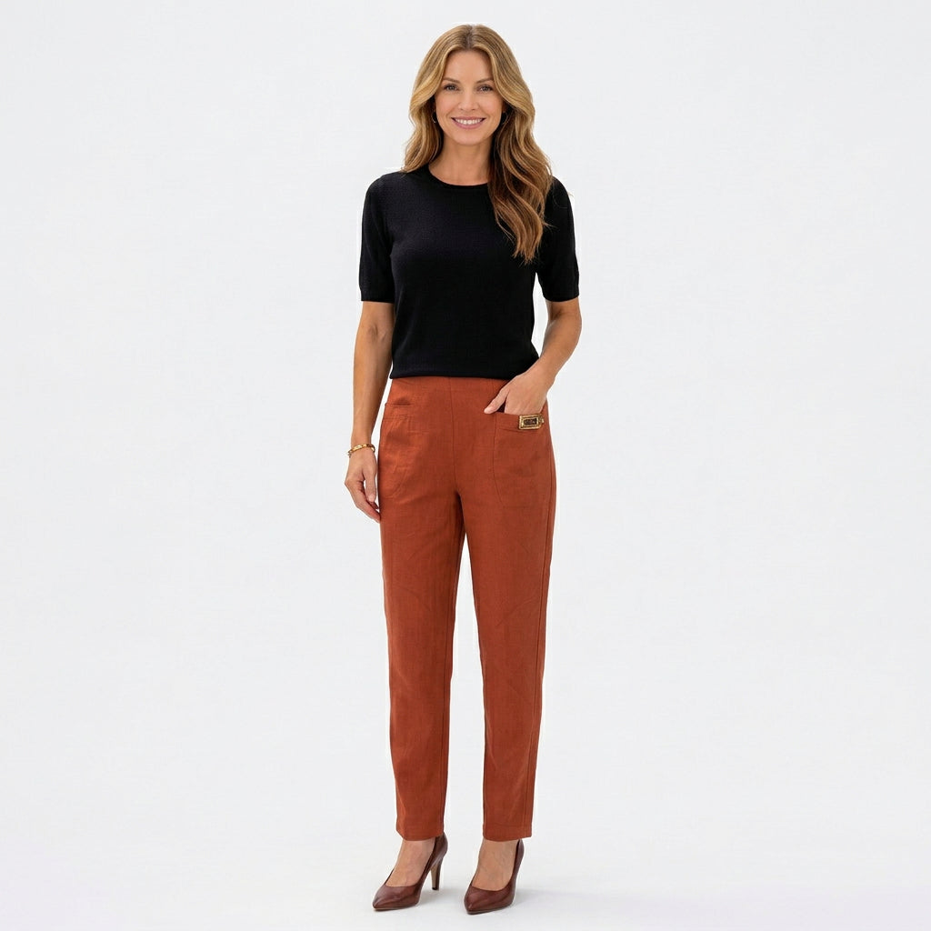 Women’s High Waisted Straight Leg Pants – Pull On Pocket Style