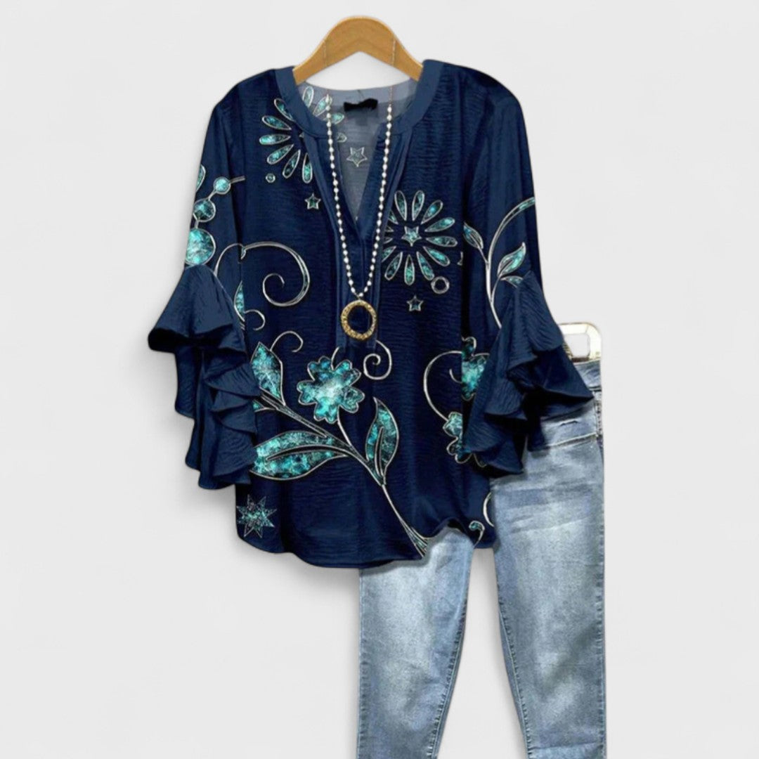Floral Print Tiered Ruffle Sleeve V-Neck Blouse