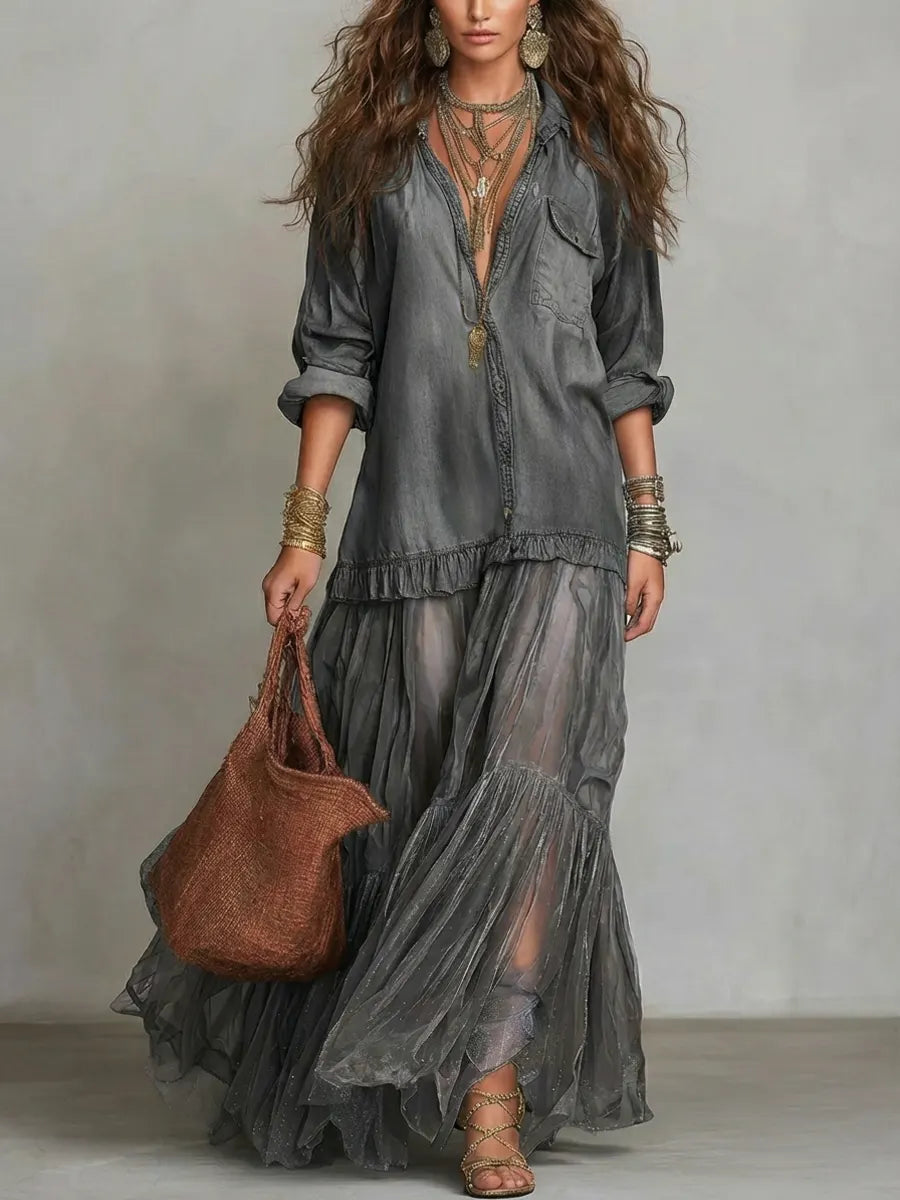 Women's Denim Bodice Sheer Tiered Maxi Dress