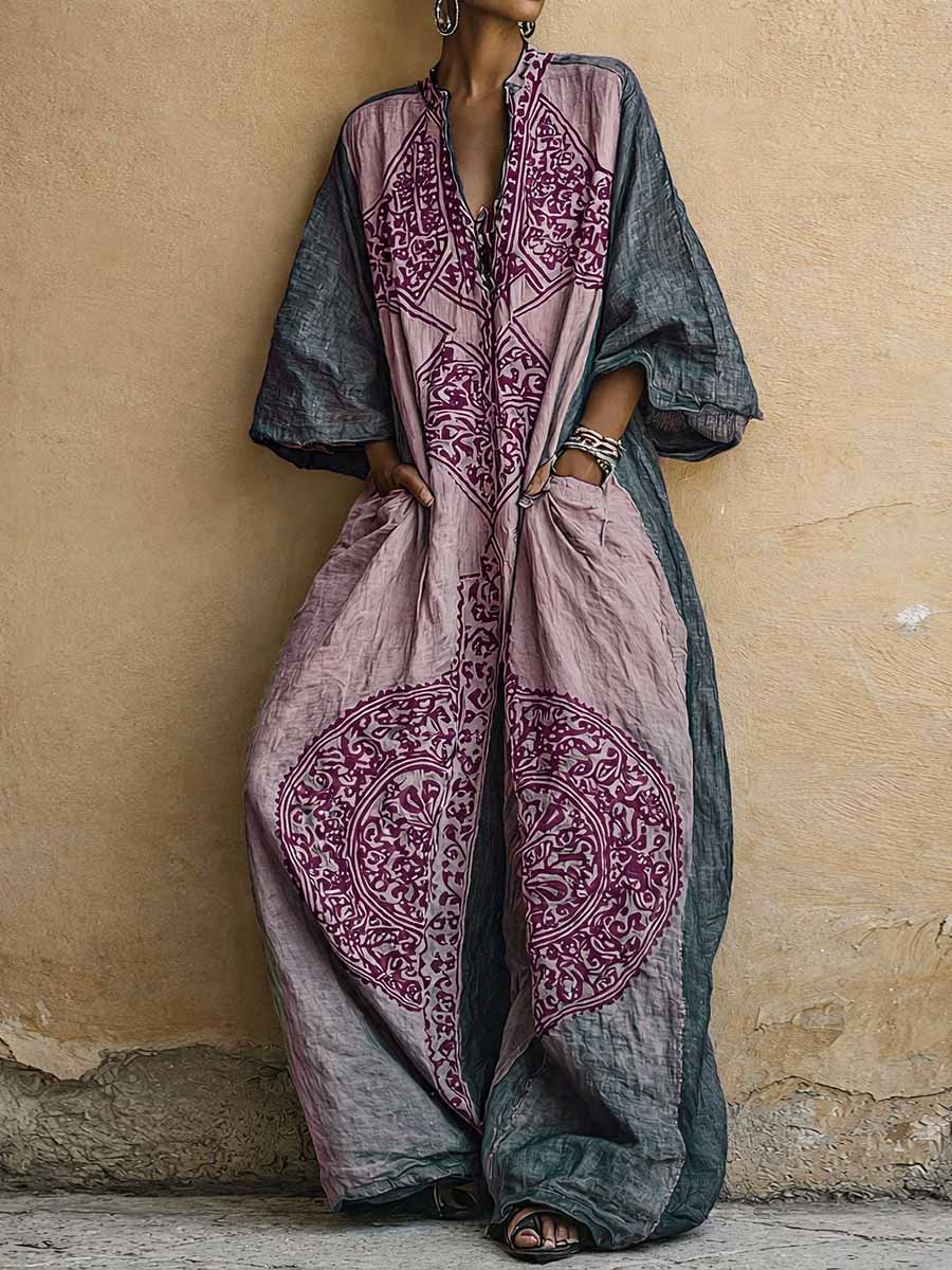 Women's Ornate Print Batwing Sleeve Oversized Kaftan Maxi