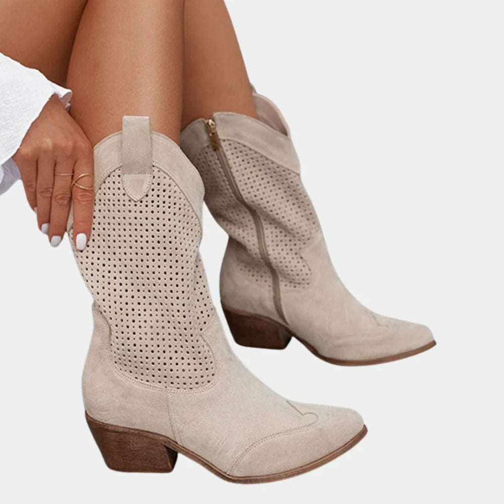 Bottes western perforées à talon bloc et tige mi-mollet