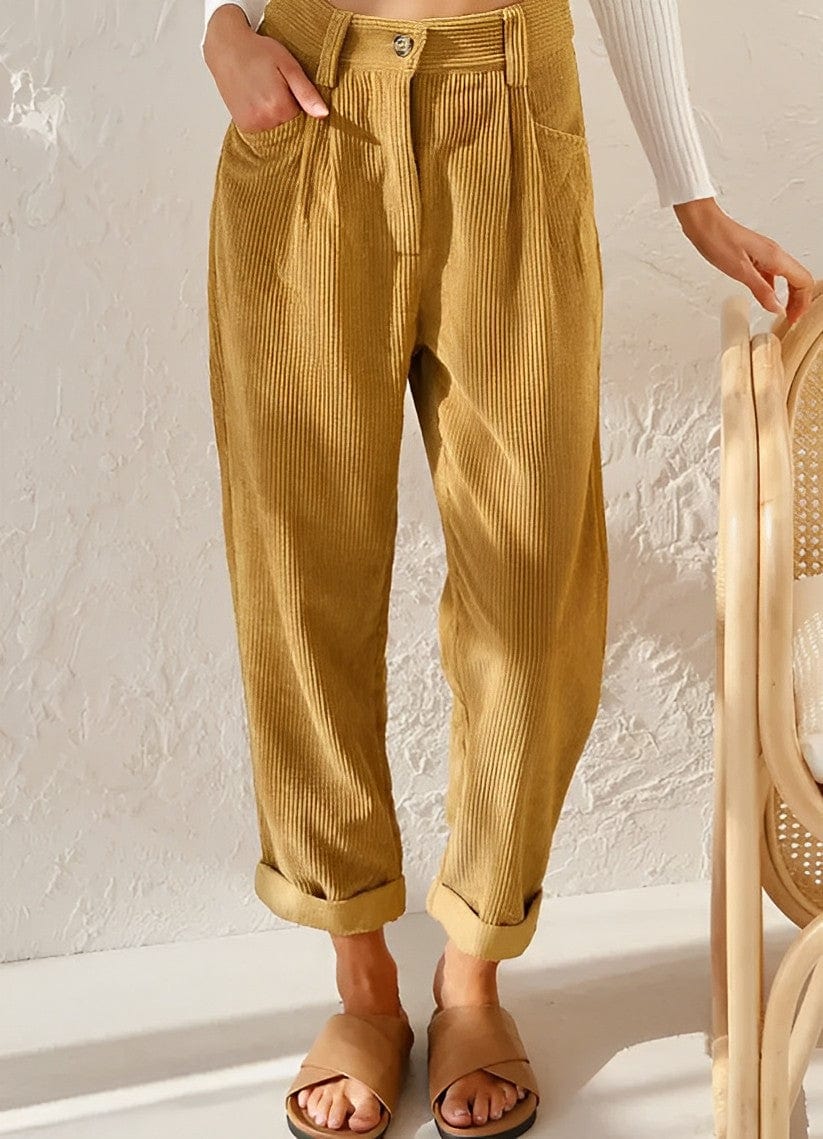 Women's high-waisted ribbed corduroy trousers with rolled cuffs