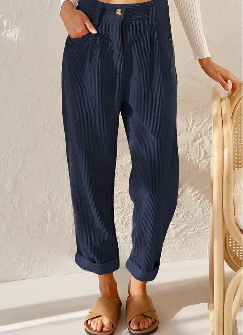 Women's high-waisted ribbed corduroy trousers with rolled cuffs