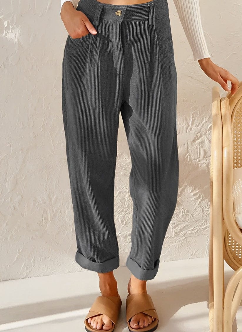 Women's high-waisted ribbed corduroy trousers with rolled cuffs