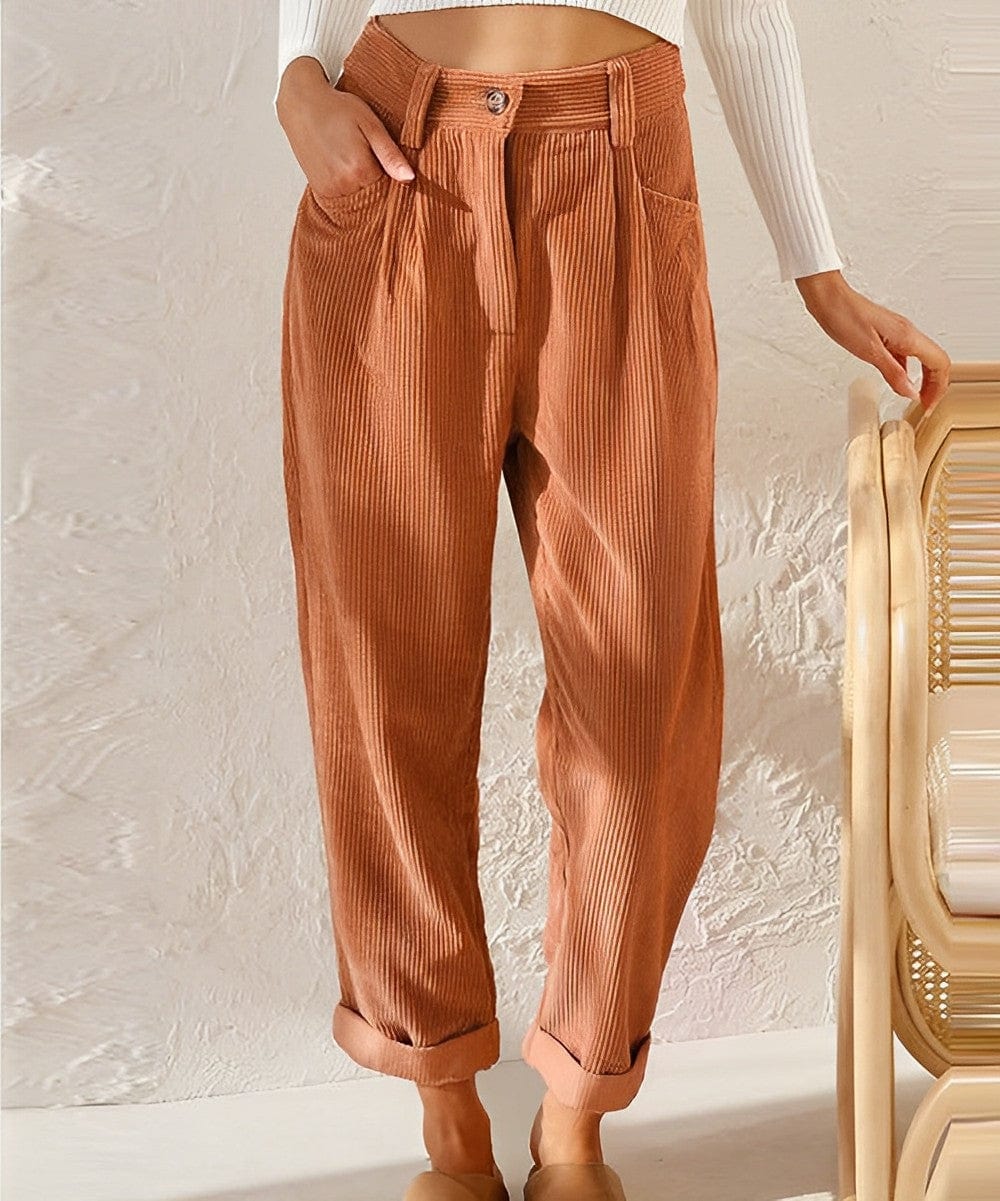 Women's high-waisted ribbed corduroy trousers with rolled cuffs
