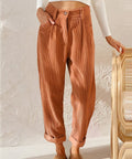 Women's high-waisted ribbed corduroy trousers with rolled cuffs