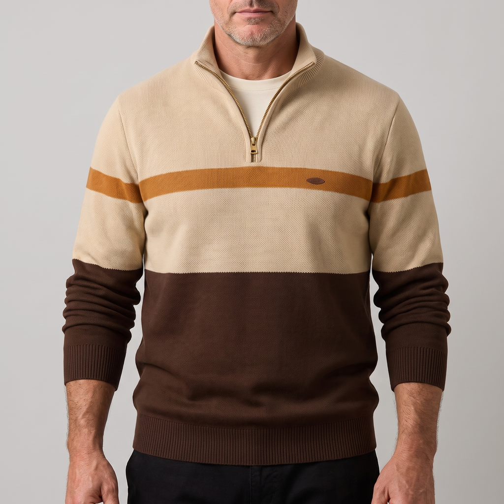Pull en maille pour homme à empiècements color-block et fermeture quart de zip