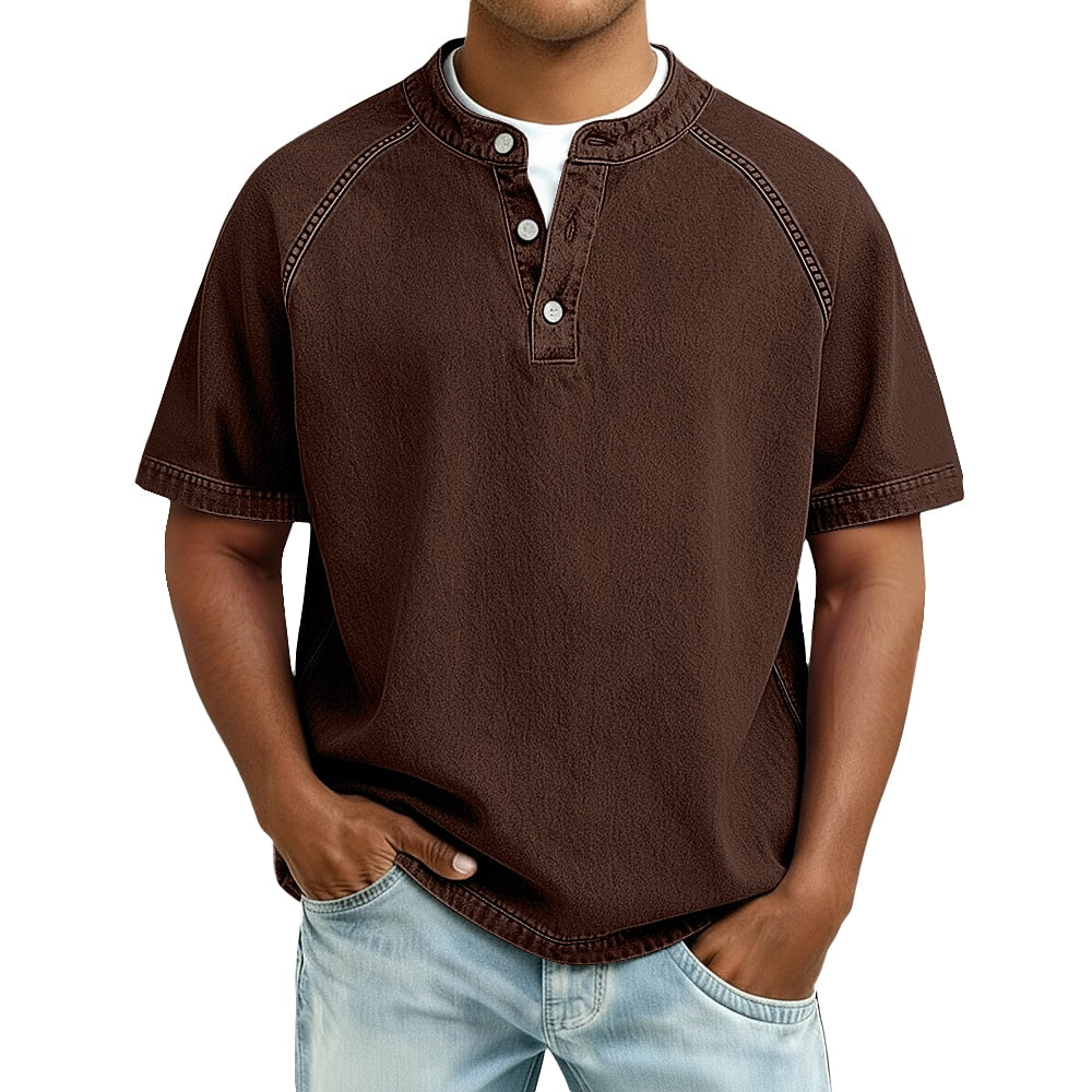 Oversized Washed Henley T-Shirt with Raglan Sleeves