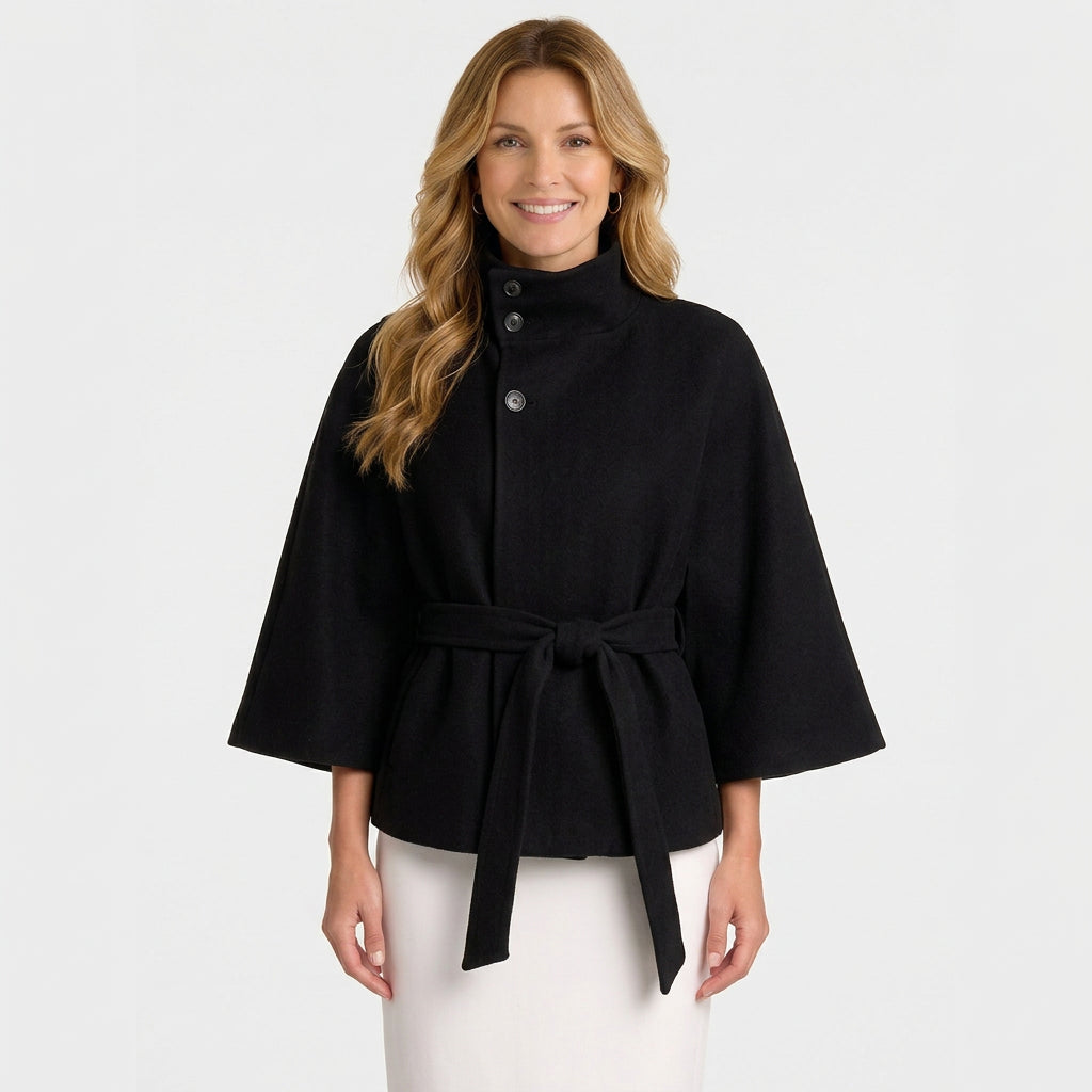 Women’s High Collar Cape Jacket – Button Front Cropped Style