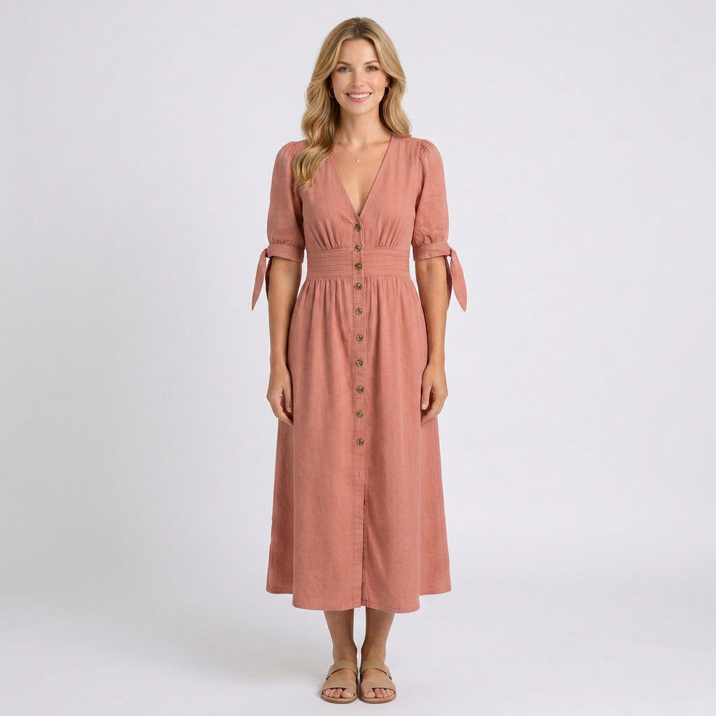 Maxi Dress – Button Front Tie Sleeve Casual Style