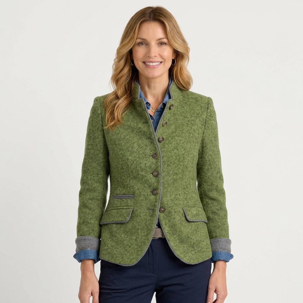 Women’s Stand Collar Tailored Jacket – Button Front Piped Trim