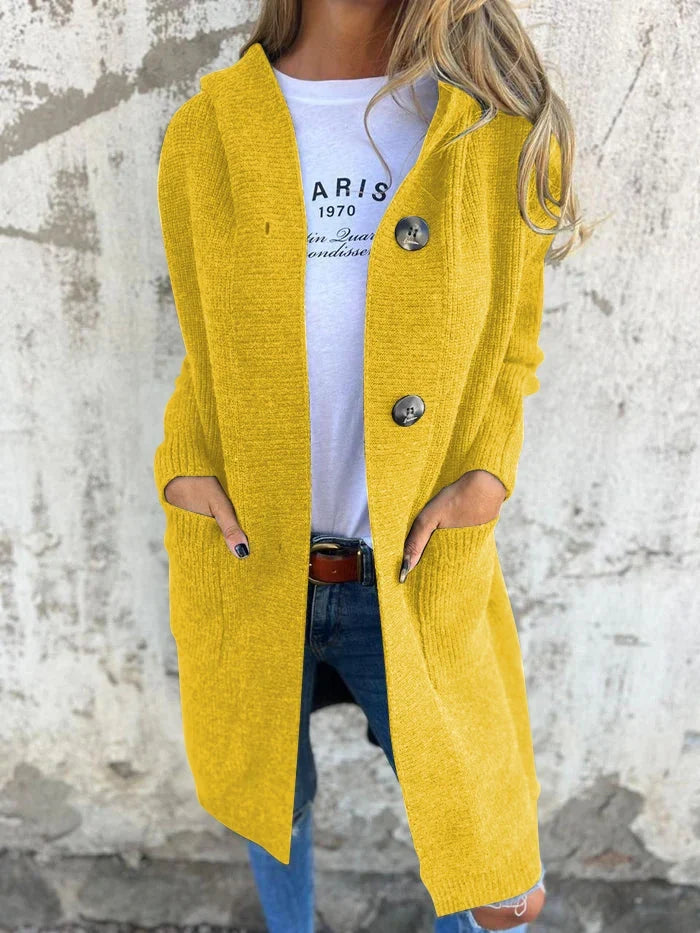 Hooded Ribbed Knit Longline Button-Up Cardigan