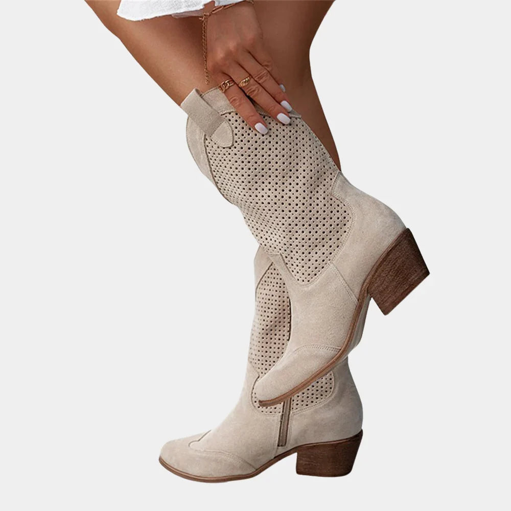 Perforated Western Block Heel Mid-Calf Boots