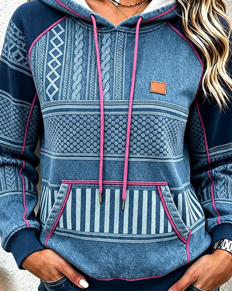 Women's Printed Contrast Drawstring Pullover Hoodie