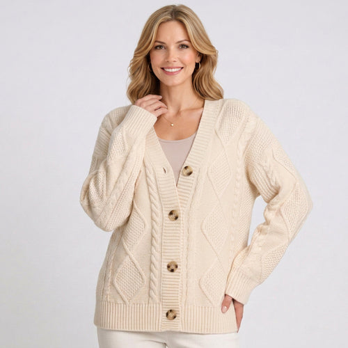 Cable Knit Cardigan – V-Neck Button Front Style