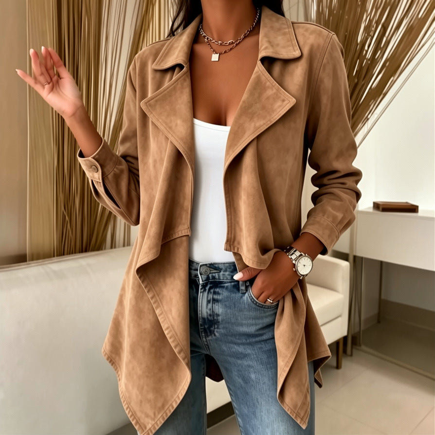 Women's open front waterfall jacket with wide lapels and long sleeves