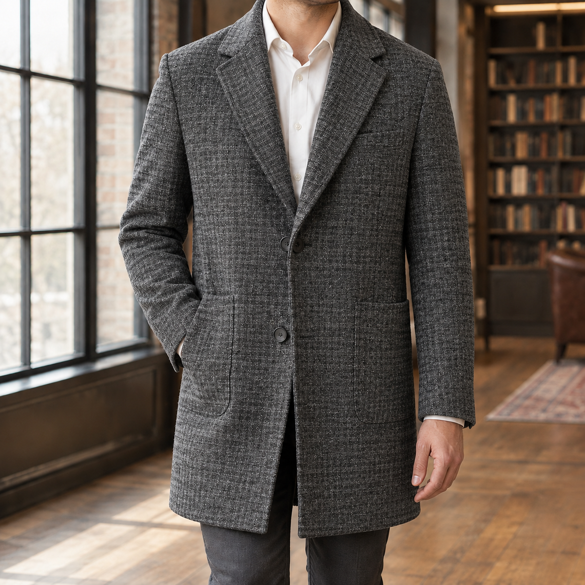 Men's Wool Blend Houndstooth Notch Lapel Coat