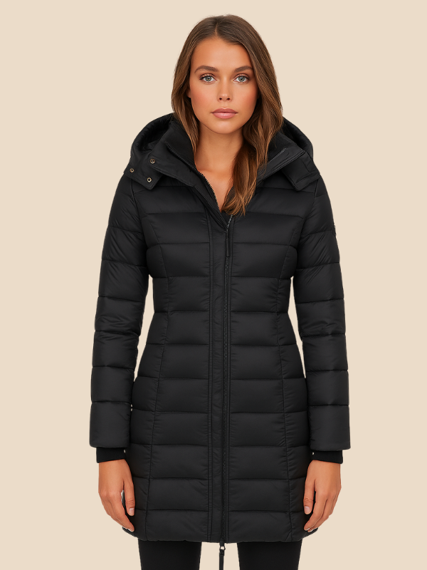 Women's hooded navy quilted longline puffer coat with zip front and angled zip pockets
