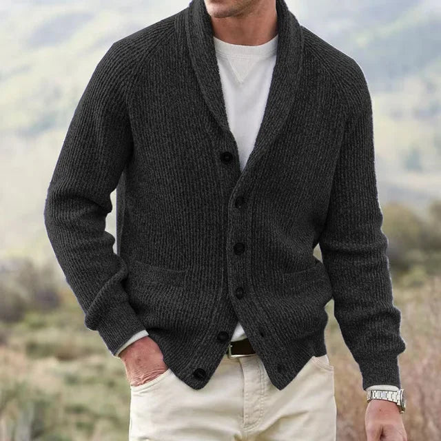 Men's textured knit cardigan with shawl neckline, buttons and patch pockets