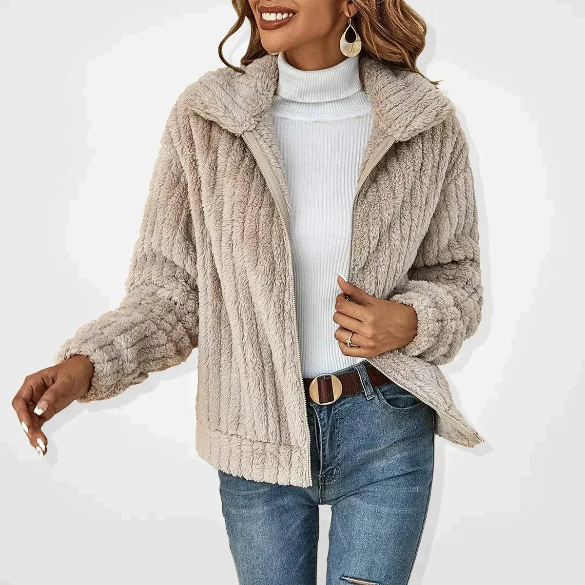 Women's ribbed plush zip-up jacket with wide lapel collar and long sleeves