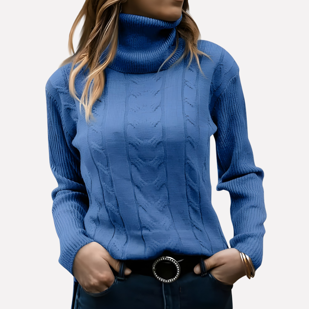 Women's slim fit cable knit turtleneck jumper with long sleeves