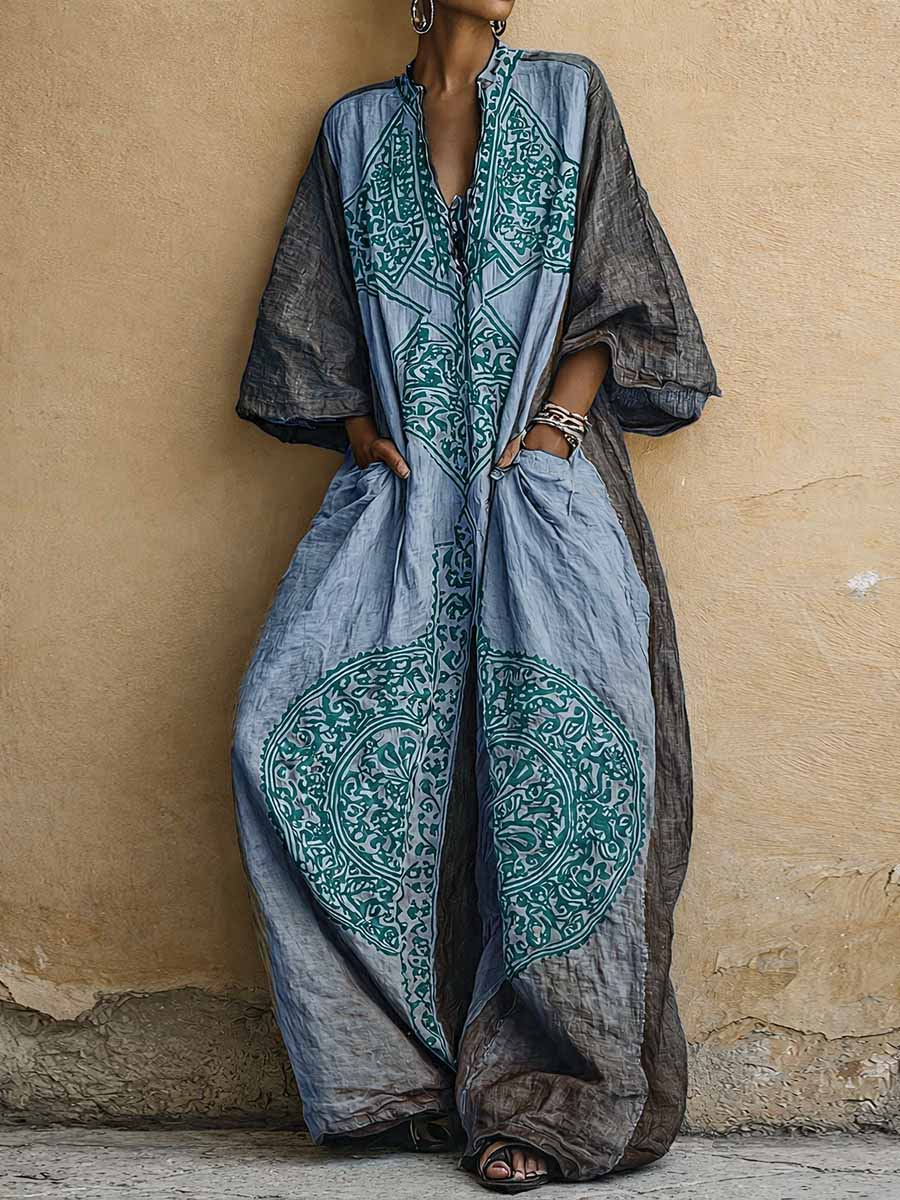 Women's Ornate Print Batwing Sleeve Oversized Kaftan Maxi