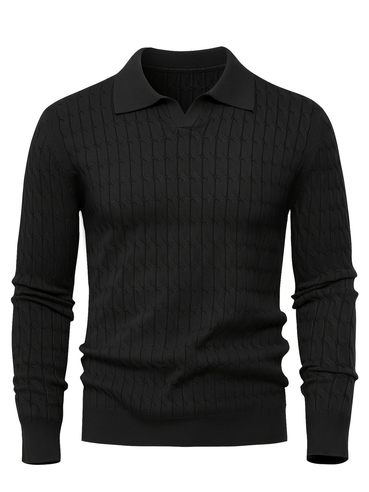 Men's long-sleeve cable knit polo sweater with Johnny collar