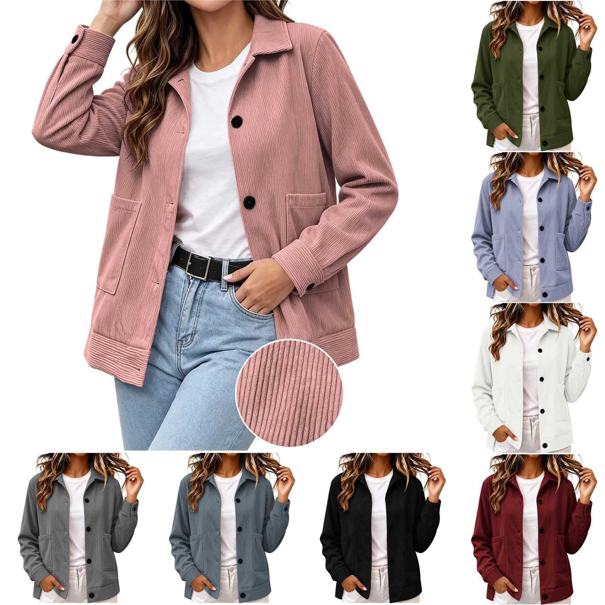 Women's Corduroy Button-Up Jacket with Patch Pockets
