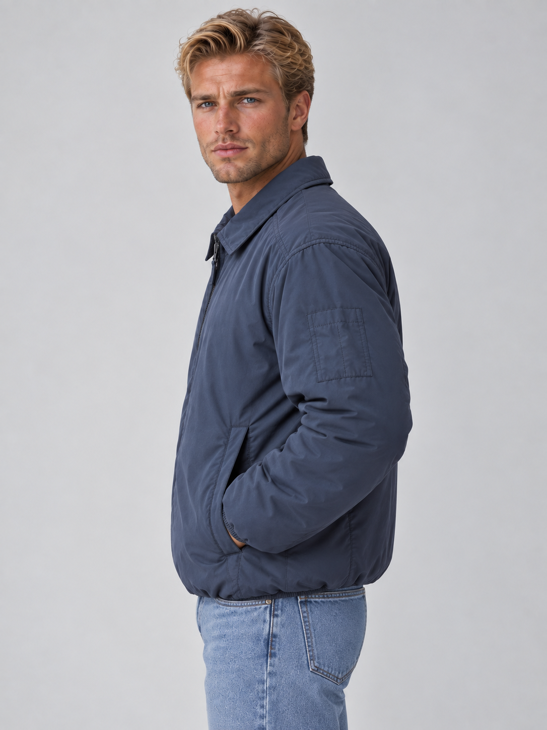 Men's padded collared bomber jacket with zip front and angled pockets