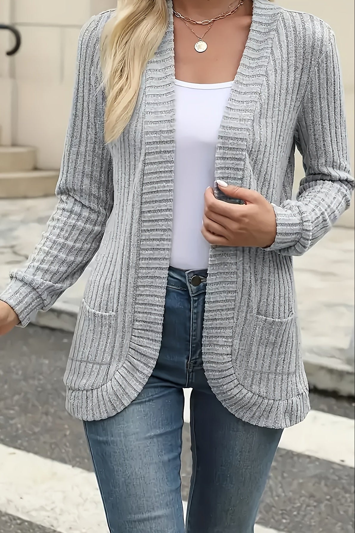 Women's Open Front Ribbed Knit Pocket Cardigan