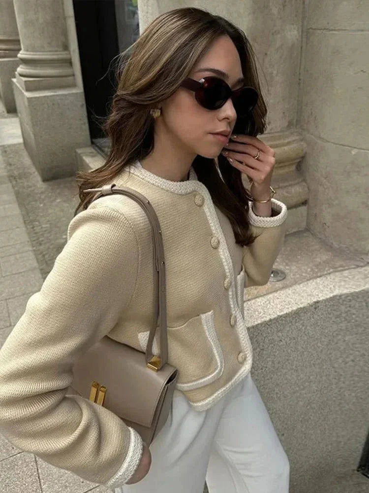 Veste en tweed courte pour femme, à liserés contrastants et boutonnée
