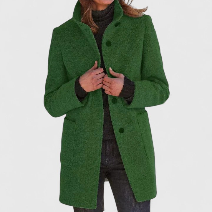 Women's textured stand collar coat with long sleeves, buttons and patch pockets
