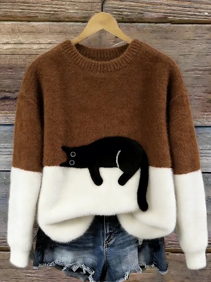 Women's Fluffy Cat Motif Colour Block Jumper