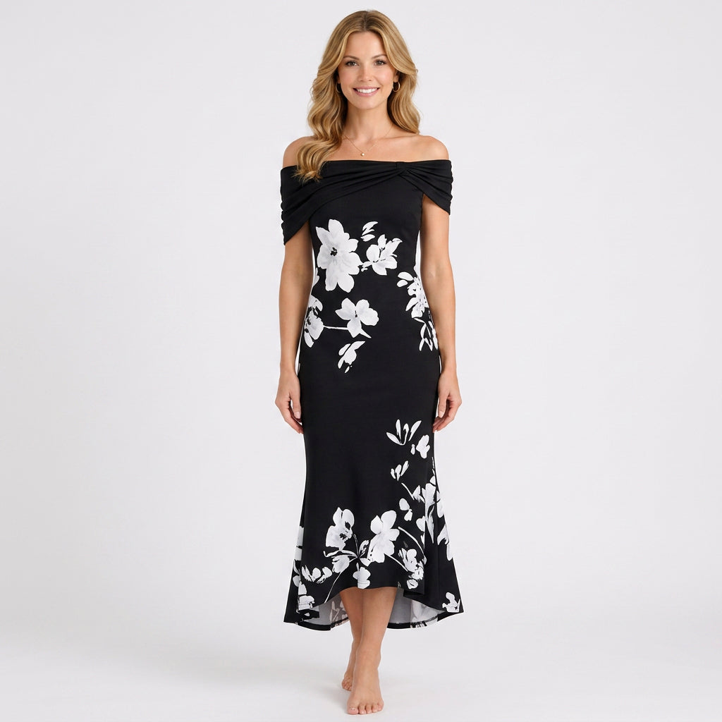 Floral Off Shoulder Midi Dress – Ruched Neck Occasion Style