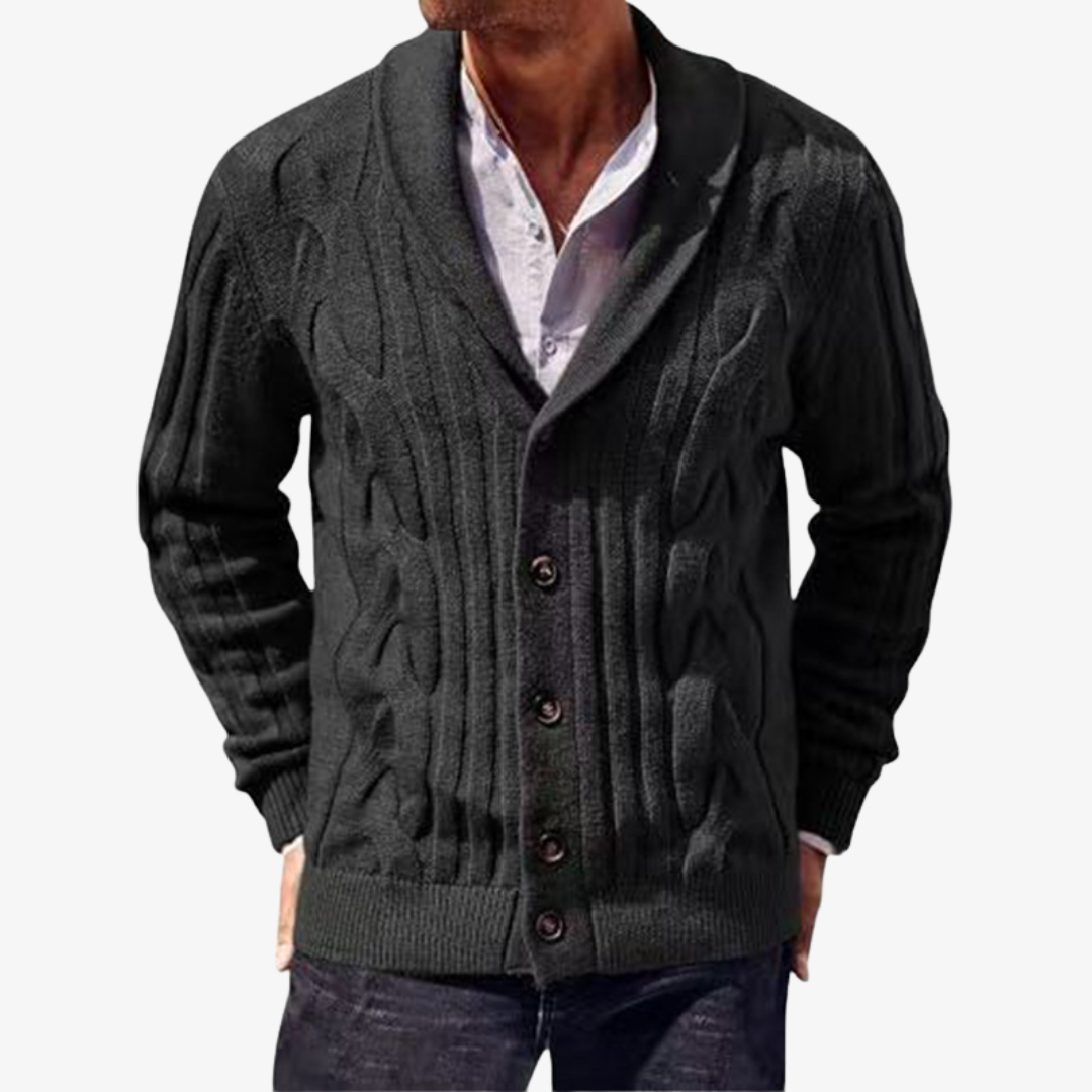 Men's cable knit cardigan with shawl collar, long sleeves and button front