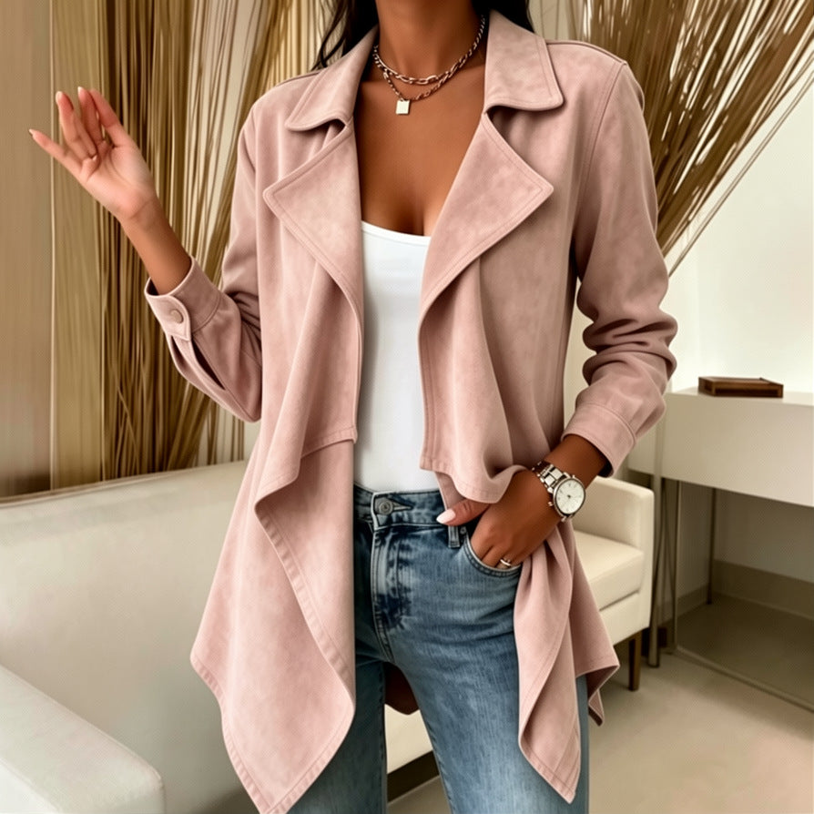 Women's open front waterfall jacket with wide lapels and long sleeves