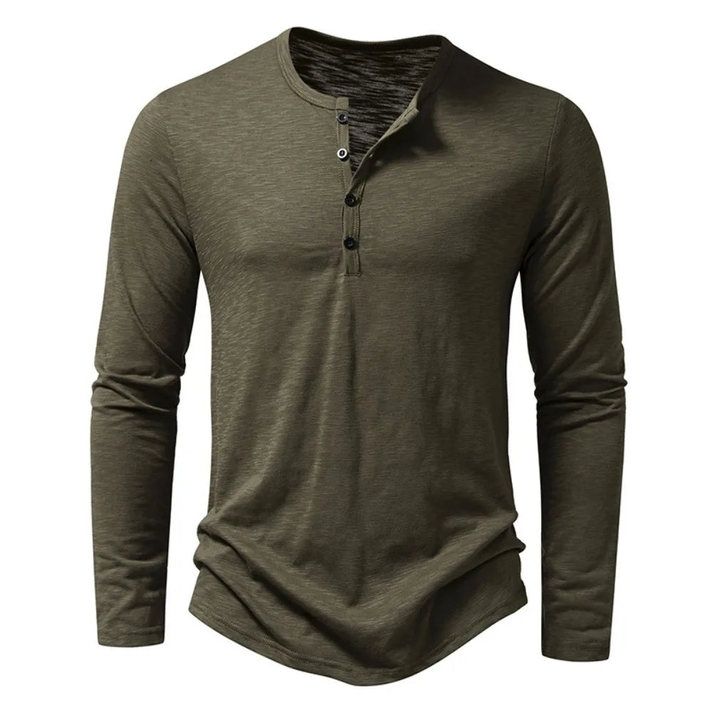 Chemise Henley pour homme en coton flammé à manches longues