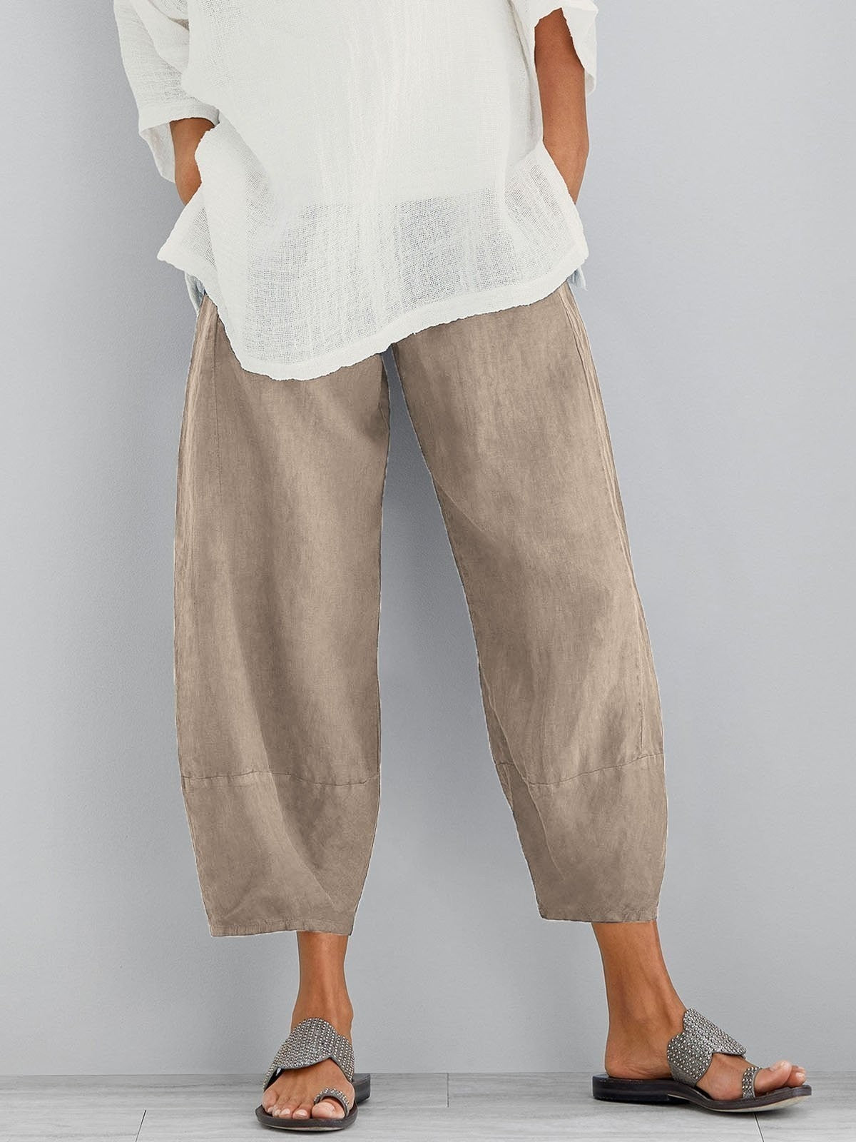 Linen Blend Cropped Lantern Trousers with Tapered Hem