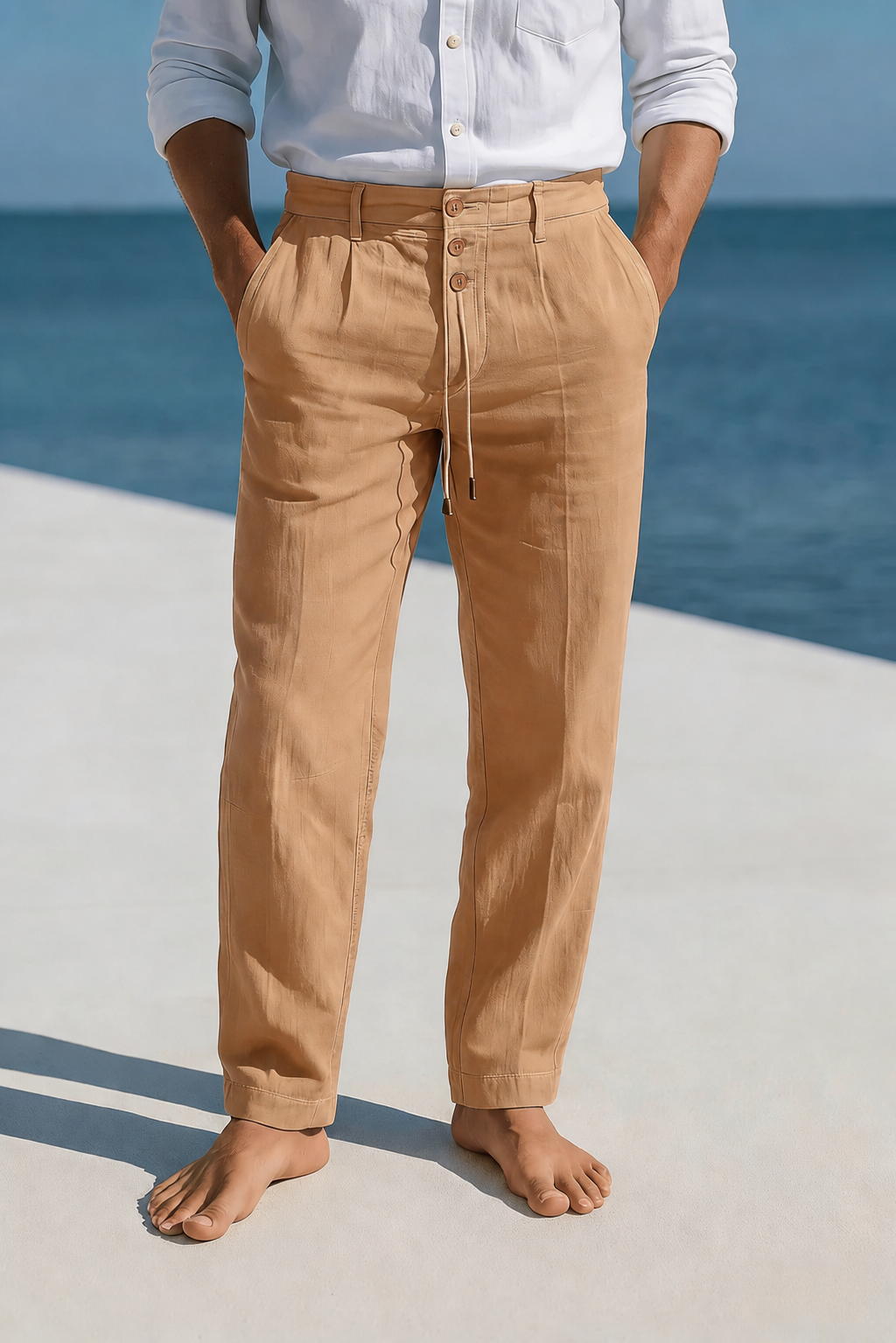 Tapered Fit Linen Trousers with Button Drawstring Waist