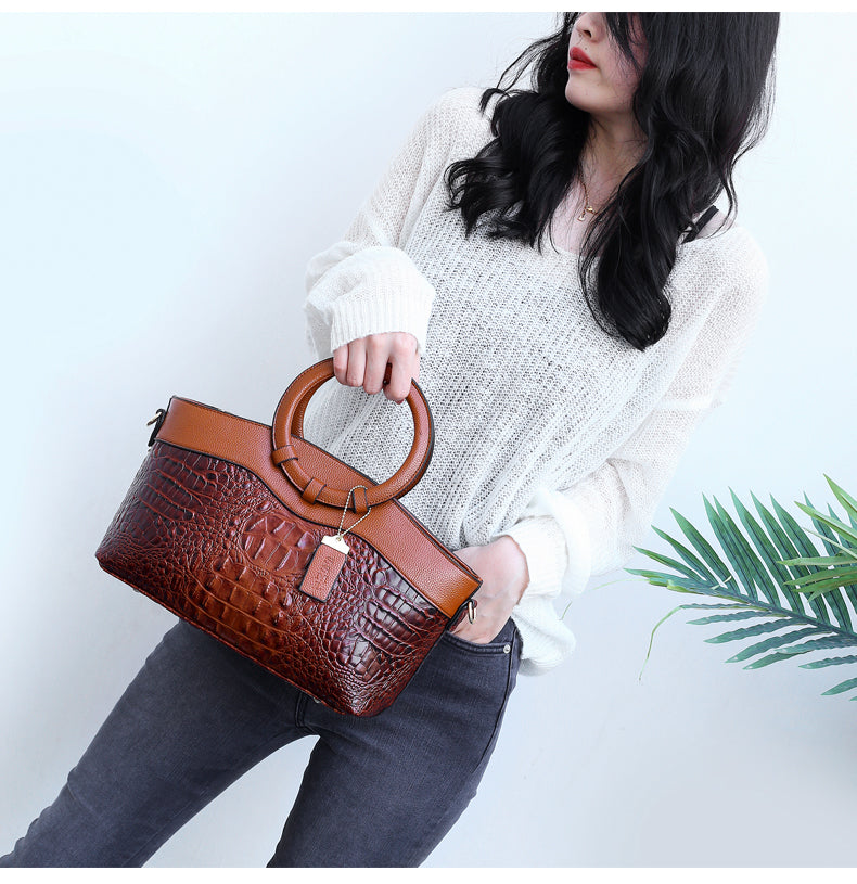 Croc Embossed Round Handle Structured Tote Bag