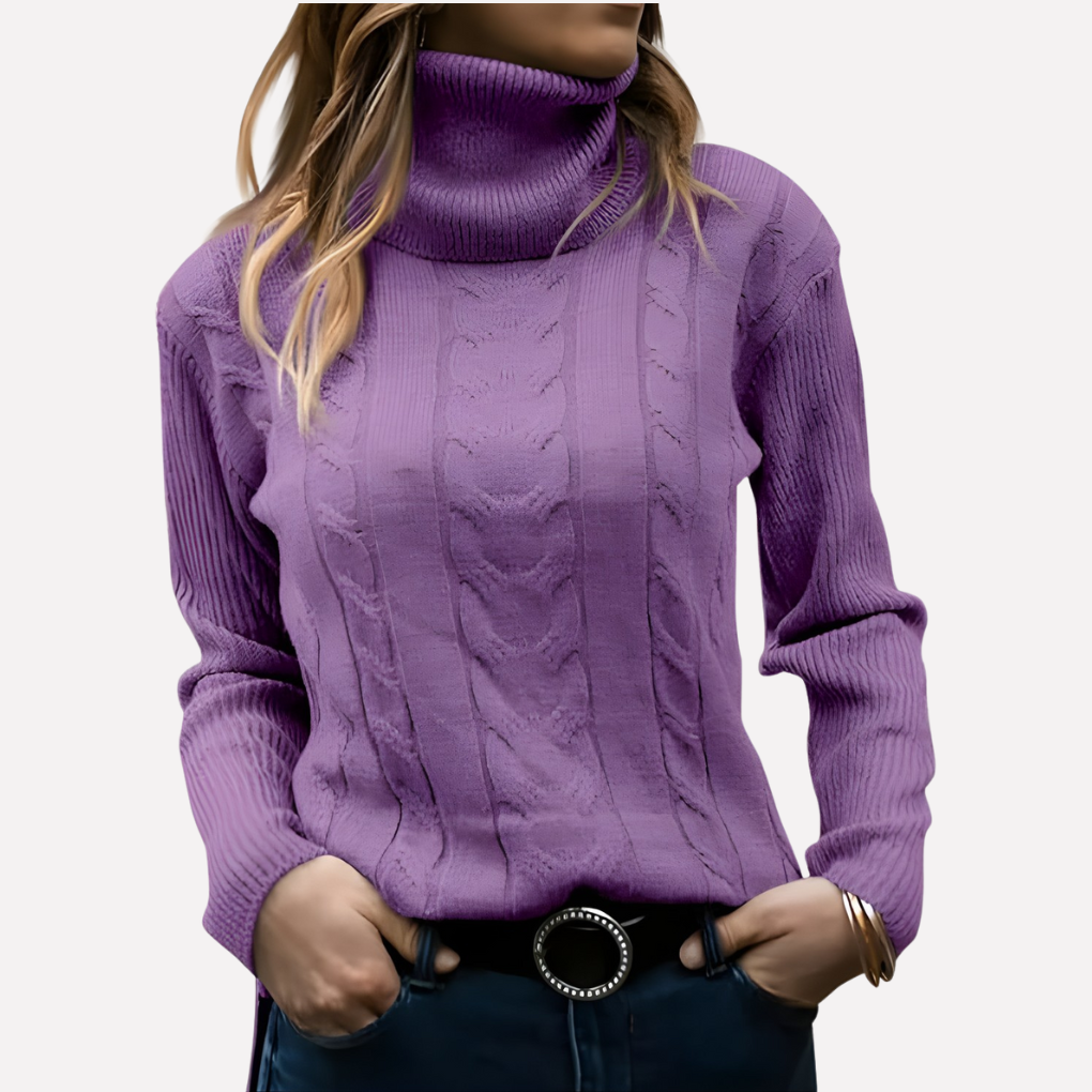 Women's slim fit cable knit turtleneck jumper with long sleeves