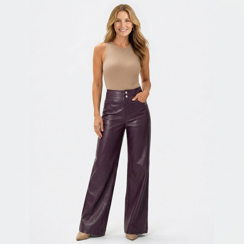 Women’s High Waisted Faux Leather Pants – Wide Leg Button Front